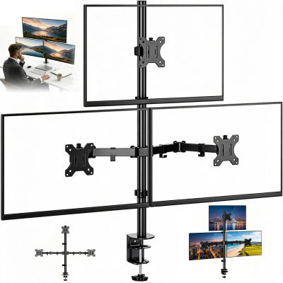 Soporte para Tres Monitores de 10-32 Pulgadas, Altura y Ángulo Ajustables, VESA 75x75/100x100mm, Compatible con Monitores Planos y Curvos de hasta 10 kg Cada Uno, Giratorio, Inclinable y Rotatorio