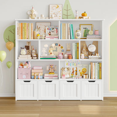 Getone Estantería Infantil, Organizador de Juguetes para Niños, Mueble Almacenaje Juguetes, Librería Infantil Montessori, Con 8 estantes y 4 cajones con ruedas 125.5x33x118cm Blanco