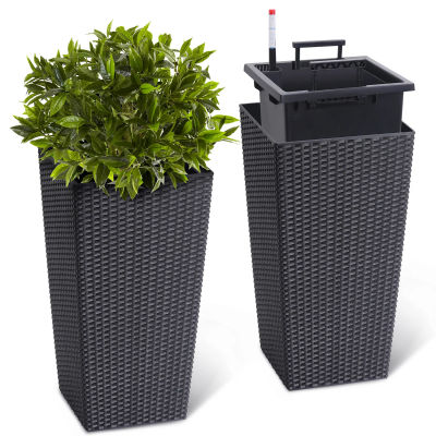 Juego de 2 macetas altas de ratán – Macetas grandes modernas de mimbre de 16 pulgadas con drenaje integrado y revestimientos extraíbles – Macetas resistentes para exteriores para patio, porche, balcón