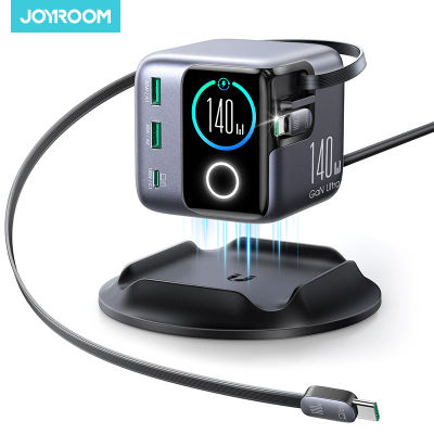 Joyroom-cargador de escritorio GaN de 140W, USB C y USB A, cargador rápido con pantalla inteligente y cables retráctiles para teléfonos, tabletas y portátiles