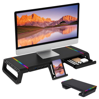Soporte Elevador para Monitor de PC con Puertos USB 3.0, Soporte Elevador para Computadora de Escritorio, Soporte Ajustable para Computadora, Estante de Escritorio con Cajones de Almacenamiento