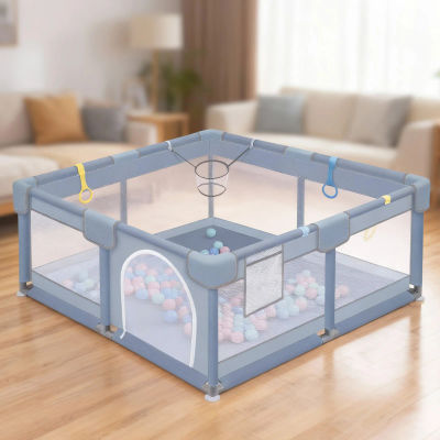 Corralito para Bebés Soontrans, Corralito con Anillas para Jugar, Pelotas, Red Transpirable, Base Antideslizante, Puerta Protectora de Seguridad para Niños, 130x130x66 cm, Gris Claro