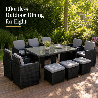 Juego de Comedor de 11 Piezas de Mimbre Sintético con Cojines, Muebles de Jardín Negros para Patio, Terraza y Porche, Mesa y Sillas