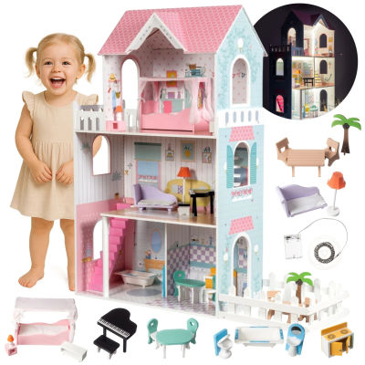 Casa de Muñecas de Madera Mamabrum XXL con Iluminación LED, Terraza, Jardín, Juego de Muebles Grandes para Niña, Juguete de 3 Pisos