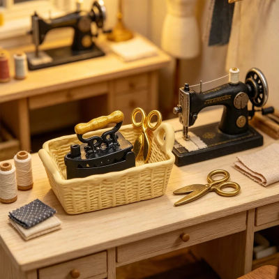 Set de Accesorios de Costura en Miniatura para Casa de Muñecas 1:12, Cesta Tejida de Resina, Mini Tijeras de Metal Vintage, Muebles en Miniatura