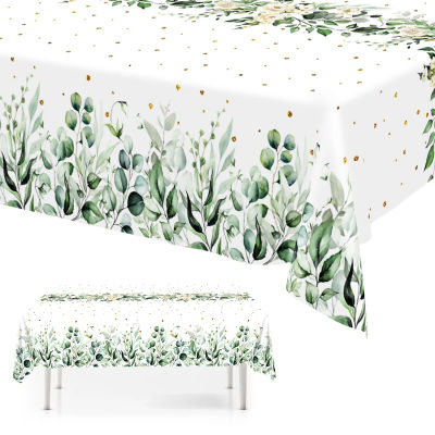 1 unidad de mantel desechable de plástico verde salvia con estampado de hojas de eucalipto para fiestas temáticas de plantas