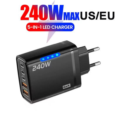 Cargador USB C GaN 5 en 1 de 240W, adaptador de cargador de teléfono de carga rápida, Cable tipo C de 10A para iPhone, Samsung, Xiaomi, cargador de enchufe UE/EE. UU./Reino Unido