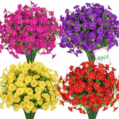 Flores artificiales de gloria de la mañana, decoración para exteriores, plantas arbustos resistentes a los rayos UV para porche, granja, jardín, decoración del patio del hogar, 4 Uds.