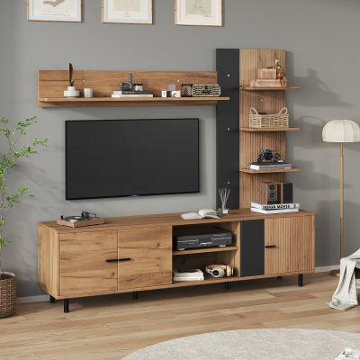 Mueble de TV de pared de 187.5 x 40 x 167 cm con vitrina, mueble multimedia que incluye soporte para TV y estantería, conjunto de muebles para sala de estar