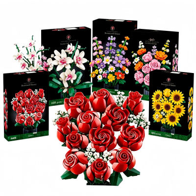 Ramo de Flores Artificiales, Bloques de Construcción DIY, Colección Botánica, Decoración del Hogar, Rosa, Orquídea, Planta en Maceta, Regalos para Mujeres, Mamá, Esposa