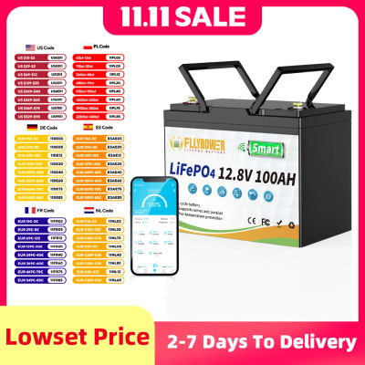 FLLYROWER-batería de litio LiFePO4 de 12V, 100Ah, con Bluetooth, 100A, BMS, ciclos profundos para RV, Motor de pesca Solar, Camping