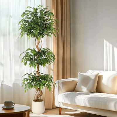 Árbol de Ficus Artificial Realista con Tronco Curvo, Planta Artificial de Seda en Maceta Blanca, Decoración Verde para Interiores, Hogar y Oficina