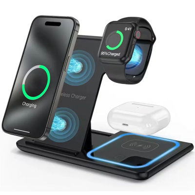 Base de Carga Inalámbrica Magnética 3 en 1 para iPhone 17 16 15 14 13 12 Pro Max, Apple Watch 8/7, AirPods Pro, Estación de Carga Rápida