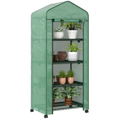 Invernadero Outsunny con 4 niveles de estanterías, Invernadero para balcón, Lona reforzada, Estructura de acero, Puerta con cremallera, para flores, plantas y verduras, Interior y exterior, 69x50x cm,