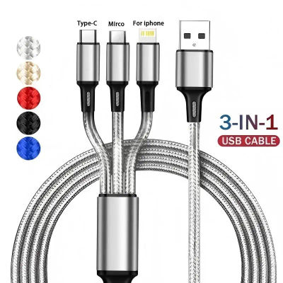 Cable de Carga Rápida USB 3 en 1 de 1.2M, Cable Multi-Cargador Tipo C, Micro IOS para iPhone, Huawei, Samsung, Cable Trenzado de Nailon