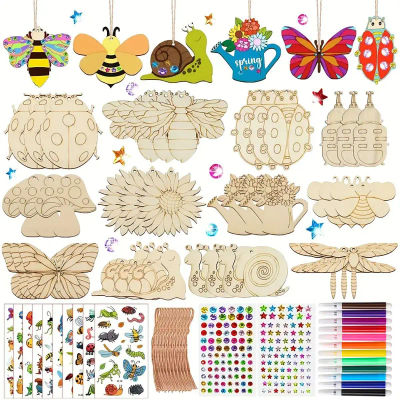 Kit de 36 Piezas para Pintar Manualidades de Madera para Niños, Figuras de Madera de Plantas e Insectos con Rotuladores de Pintura y Pegatinas, Actividad Artística Familiar para Colgar en el Jardín