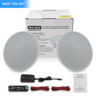 Herdio Altavoz Bluetooth de techo estéreo bidireccional de montaje empotrado de 4 pulgadas para colocación interior y exterior en baño cocina dormitorio
