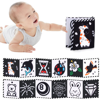 Libro de tela para bebés, juguetes de alto contraste para bebés de 0 meses o más, juguetes para cuna de recién nacidos, libros sensoriales de tela con animales en blanco y negro, juguetes Montessori