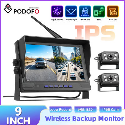 Monitor de Coche Podofo de 9 Pulgadas con Pantalla IPS y 2 Cámaras de Reversa Inalámbricas, Cámara de Visión Nocturna Infrarroja Impermeable IP68 para RV