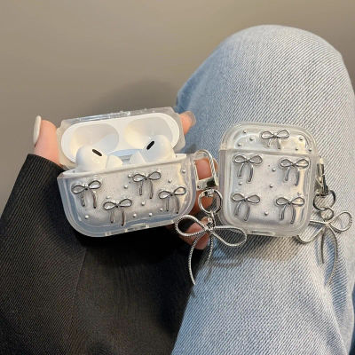 Bonita funda transparente para auriculares con lazo plateado para AirPods AirPods Pro 3/Pro 2/Pro con funda protectora suave colgante para 1or2 3 4