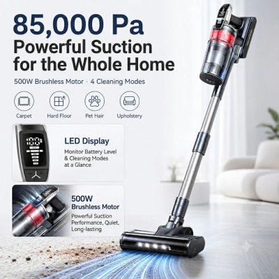 Aspiradora Inalámbrica Grenintol de 500W y 85KPa para el Hogar, Aspiradora Vertical, 4 Modos de Potencia, 80 Minutos de Autonomía, para Alfombras y Pisos