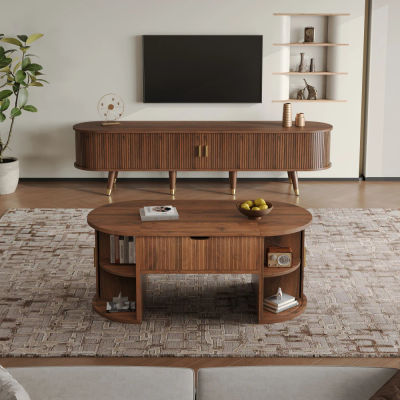 Juego de Muebles de Sala de Estar de 2 Piezas, Mesa de Centro con Tapa Elevable, Mueble para TV con Puertas Corredizas, Panel Vertical Acanalado, Patas de Madera, Tiradores Dorados, Gran Espacio de