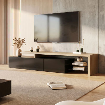 Mueble de TV LED Moderno para Sala de Estar, Mueble Bajo para TV con 3 Cajones de Almacenamiento y Estantes de Vidrio de 2 Niveles, Mueble de TV con Acabado Brillante, Blanco/Negro, 160/200cm