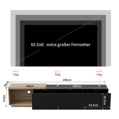 Soporte moderno para TV LED, mueble extensible para TV de 160 cm a 240 cm de largo, tira de luces LED de inducción, soporte para TV con 3 cajones, mueble para televisores de hasta 65 pulgadas, para
