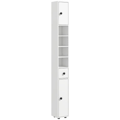 kleankin Mueble Auxiliar Baño Moderno con 1 Cajón 5 Estantes y 2 Armarios para Salón Dormitorio Carga 30 kg 20x20x180 cm Blanco