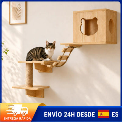 Estante de pared para gatos de madera de pino con casa para gatos, poste rascador de sisal y escalera puente, mueble de pared multinivel para gatos para hogares con varios gatos