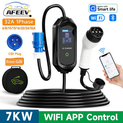Cargador EVSE AFEEV de 7KW, 32A, Cargador para Vehículos Eléctricos, Monofásico, Tipo 1/GBT Tipo 2, Cargador Portátil, Control por WIFI y Aplicación