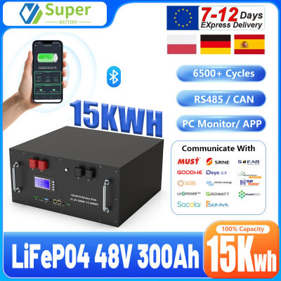 Batería LiFePO4 de 48V 300Ah 15Kwh, 6000 Ciclos, Bluetooth, Ecualizador Activo, 200A, RS485, CAN, BMS, Monitor de PC, Batería de Litio, STOCK PL EU