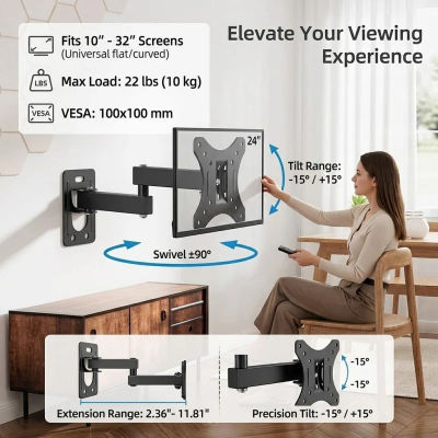Soporte de Pared Universal para TV con Movimiento Completo, Giratorio e Inclinable, para Monitores de TV Planos y Curvos de 10-32 Pulgadas, Negro