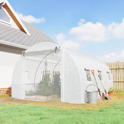 Invernadero Tipo Túnel 396x300x200cm con Cubierta de PE Blanca, Puerta con Cremallera y Ventanas de Malla para Cultivo de Plantas de Jardín
