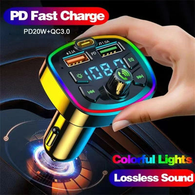 Cargador de coche transmisor FM Bluetooth5.0 manos libres verdadero 3.1A puerto USB Dual PD carga rápida MP3 música tarjeta TF disco U reproductor auxiliar