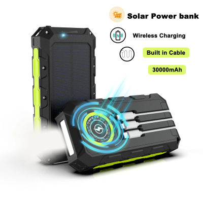 Banco de energía de 30000mAh, cargador inalámbrico Solar resistente al agua para iPhone 15 14 Samsung Xiaomi, batería externa de carga rápida