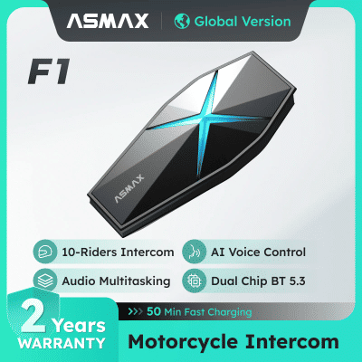 ASMAX F1 Intercomunicador Bluetooth para motocicleta Comunicación en grupo de 10 conductores, Comando de voz, IP67 resistente al agua, Altavoces Hi-Fi, BT 5.3 Compartir música
