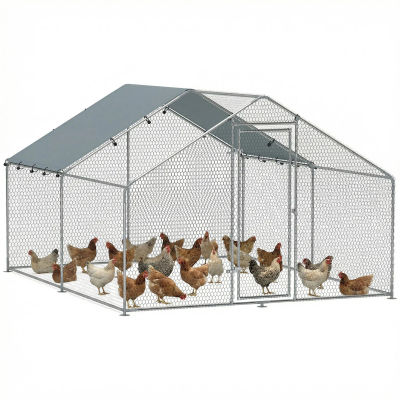 Gallinero PawHut, gallinero grande de metal con manta impermeable y jaula anti-UV para 10-15 gallinas, 3x3,4 x m