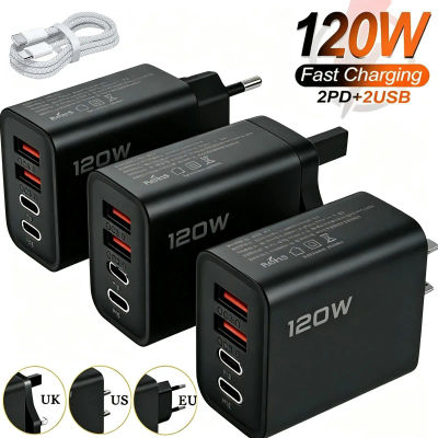 Cargador USB de 120W con 4 puertos, adaptador de carga rápida para teléfono, cable tipo C para iPhone, Samsung, Xiaomi, cargador de pared con enchufe EU/US/UK