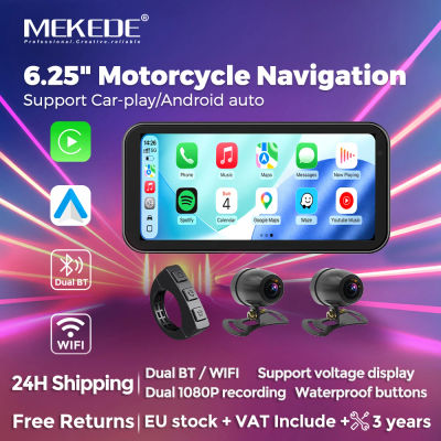 MEKEDE Navegador GPS para Motocicleta de 6.25 Pulgadas con Pantalla Inalámbrica CarPlay y Android Auto, Intercomunicador para Casco con Doble BT, Pantalla Impermeable IP67, Monitor de Navegación, DVR