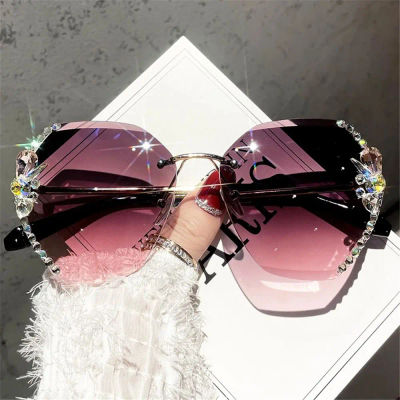 Nuevas gafas de sol de Metal sin bordes, gafas de sol decorativas con diamantes para mujer, lentes degradados, gafas de diseñador de marca de lujo para mujer UV400