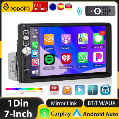 Podofo-reproductor Multimedia Universal para coche, autorradio 1 Din con Carplay, Android, pantalla de 7 pulgadas, FM, entrada auxiliar, Bluetooth, MirrorLink