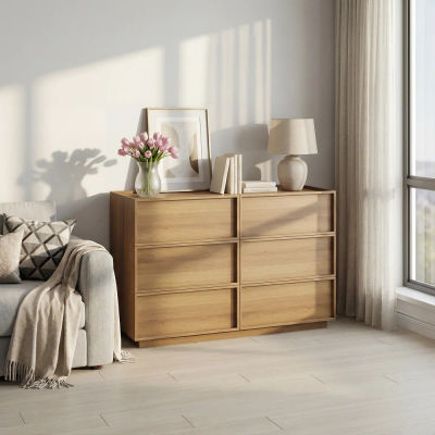 Cómoda de seis cajones, armario/mueble de almacenamiento moderno de madera, tocador, ideal para el salón, la habitación o la entrada, 115 x 48 x 78 cm, color roble