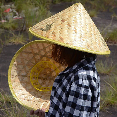 Sombrero de pescador de mimbre de bambú Retro chino, sombrero de cubo de paja tejido hecho a mano, accesorios de baile de lluvia para turismo, sombrero de sombrilla de pesca de cono