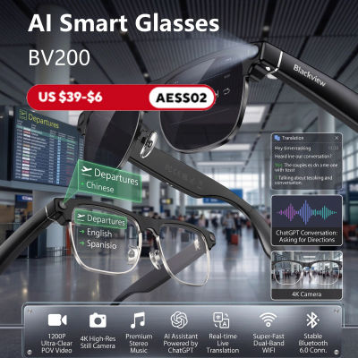 Gafas Inteligentes Blackview BV200 con IA, Cámara 4K HD de 1200W, Llamadas Bluetooth, Traducción por IA, Asistente de Voz, Altavoz Estéreo y Micrófono Integrado