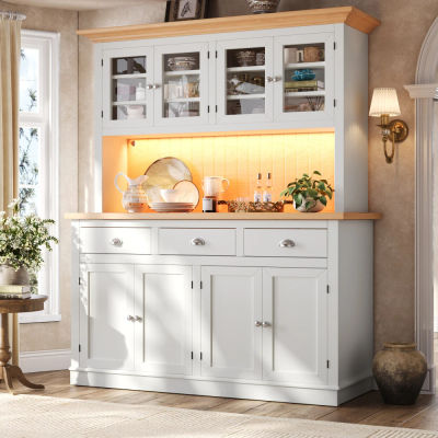 Aparador alto moderno, armario de almacenamiento independiente multifuncional con puerta de cristal, estantes ajustables, protección antivuelco, cierre suave, tiradores metálicos, mueble para el