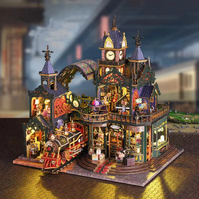 Kits de Construcción de Miniaturas de Madera DIY, Casas de Muñecas con Vías de Tren, Ciudades Encerradas, con Muebles, Casas de Muñecas Mágicas para Regalos de Amigos