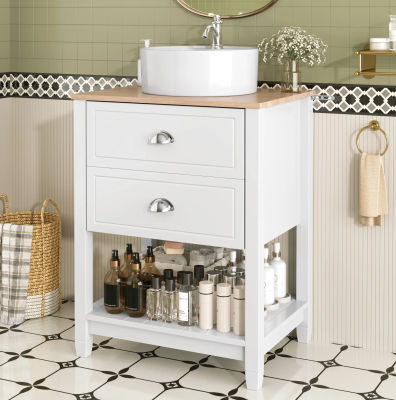 Mueble de Baño Independiente con Lavabo Redondo de Cerámica, 2 Cajones y Estante Abierto, Blanco y Madera Clara
