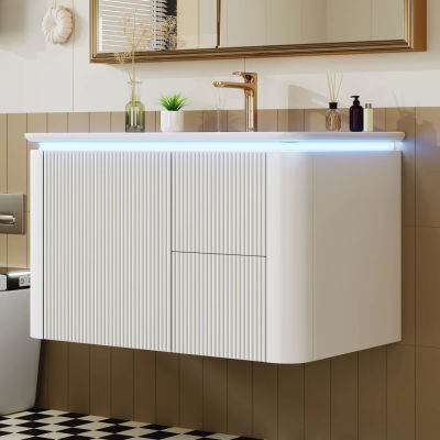 Mueble de Baño Suspendido de 80.5×47.5×51cm, Luz LED con Sensor de Movimiento por Radar, Cajones Silenciosos, Diseño Antichoque, Lavabo de una Pieza
