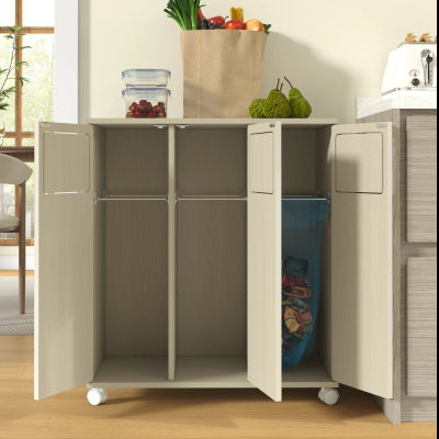 Mueble para basurero, mueble de tres niveles para recogida de residuos, mueble de cocina móvil en tono madera clara con ruedas blancas y contenedores de reciclaje de tres puertas, adecuado para